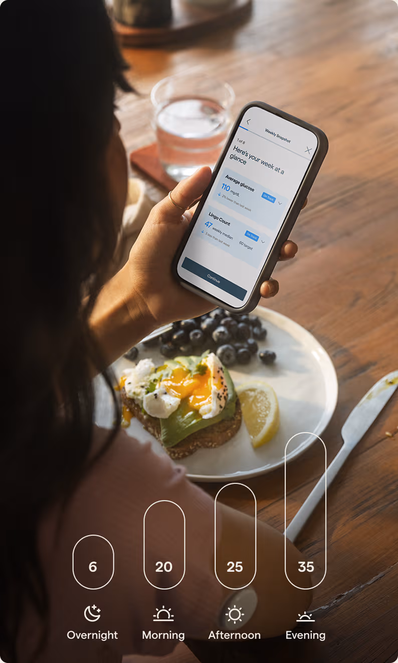 A woman looking at the Lingo app during her meal