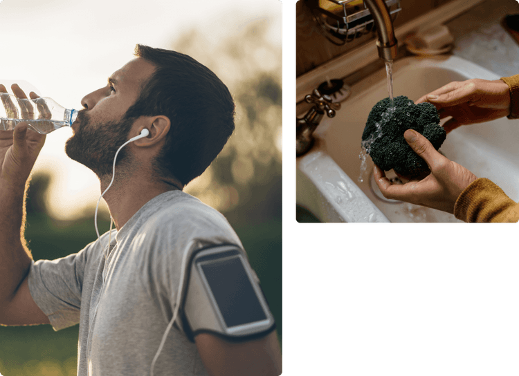 Person exercising and brocolli being washed