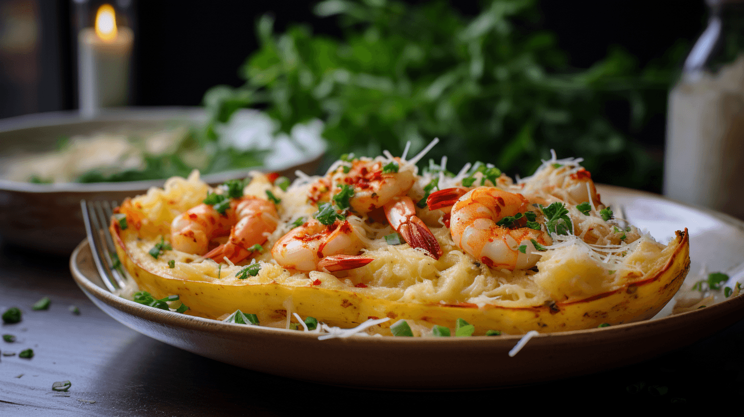 Cheesy prawn spaghetti squash ‘pasta’ dish 