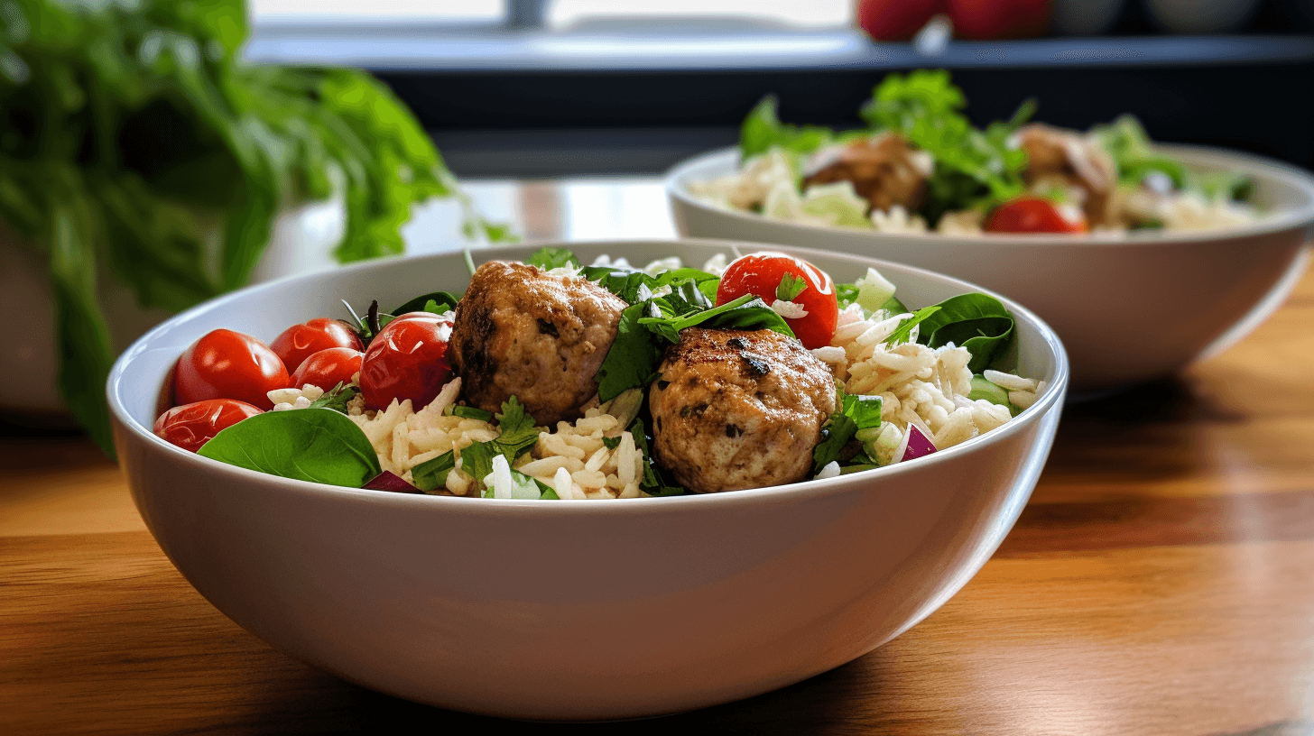 Turkey meatballs with herbed orzo and simple Greek salad 